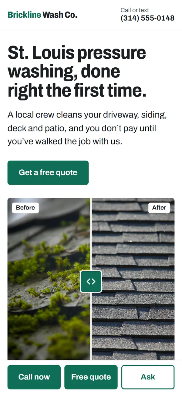 Concept demo on a phone: the first screen, with headline, quote button and a before-and-after roof photo.